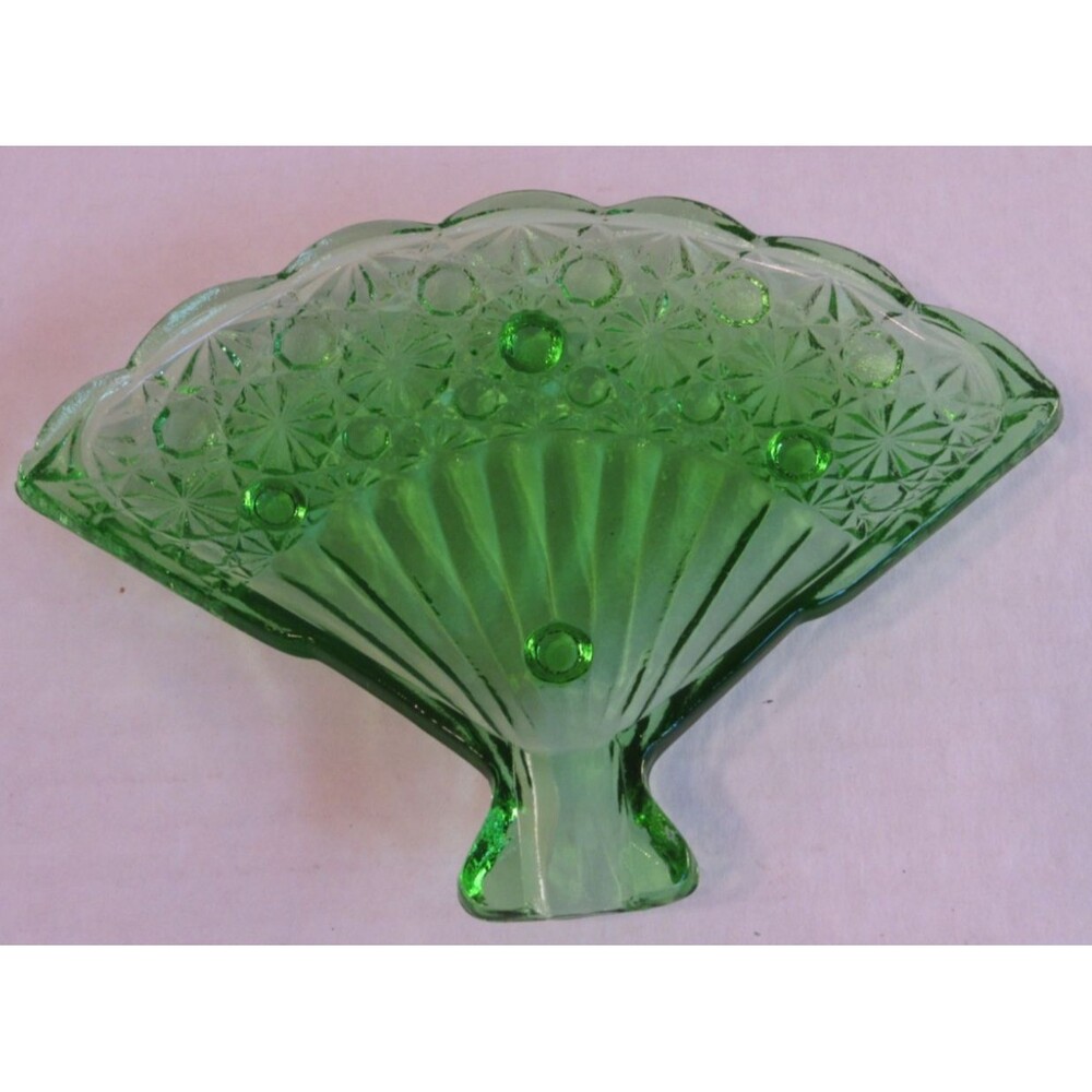 Green Fan Shaped Ornate Glass Vanity/Trinket/Jewelry Tray Dish Button Daisy VTG